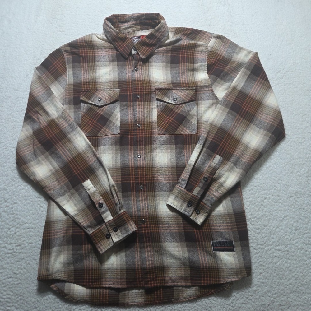 Troll Co Flannel Shirt Mens 2XL XXL Brown Plaid Snap Button Workwear Long Sleeve